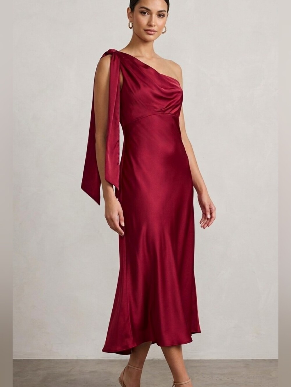 Ieena Mac Duggal One-Shoulder Satin Midi Dress in Burgundy Elegant Party 12